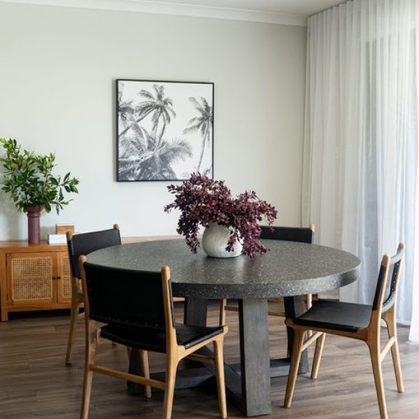 1.2 eTerrazzo Rich Umber Dining Table|with 4 Black leather Chairs